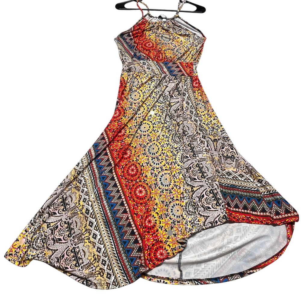 VaVa by Joy Han Womens Maxi Dress L Multicolor Geometric‎ Halter Neck Curved Hem
